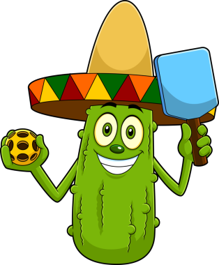 Meksikalı Turşu Çizgi Filmi Karakteri Bir Turşu Topu ve Raket Tutuyor. Vektör El Çizimi Görünümü Şeffaf Arkaplanda İzole Edildi