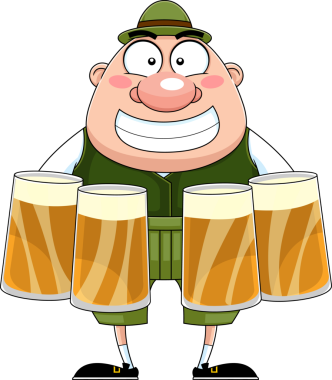 Geleneksel Bavyera Giysileri İçinde Bira Bardakları İçinde Oktoberfest Man Çizgi Filmi Karakteri. Vektör El Çizimi Görünümü Şeffaf Arkaplanda İzole Edildi