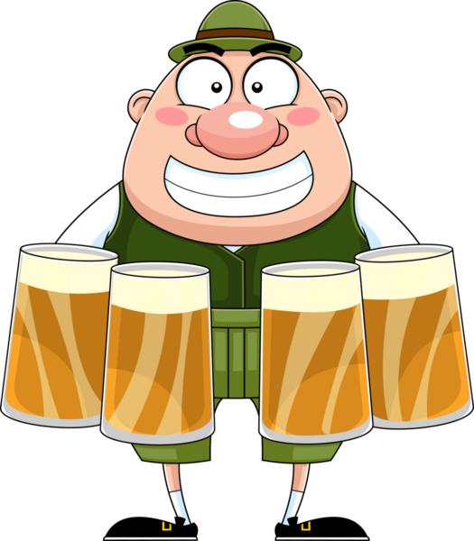 Geleneksel Bavyera Giysileri İçinde Bira Bardakları İçinde Oktoberfest Man Çizgi Filmi Karakteri. Vektör El Çizimi Görünümü Şeffaf Arkaplanda İzole Edildi
