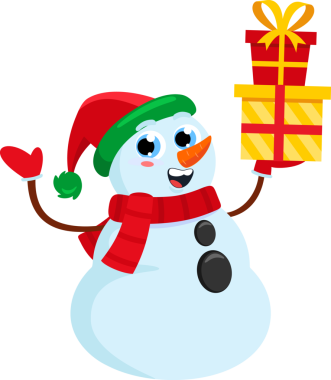 Sevimli Kardan Adam Çizgi Filmi Hediye Kutularını Tutuyor. Vektör Resimli Düz Tasarım Şeffaf Arkaplanda İzole Edildi