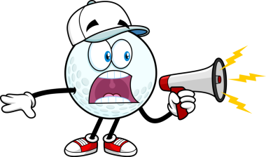 Şeffaf arka planda megafonla golf topunun çizgi film çizimi.