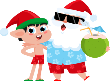  Noel Baba ve Elf plajda şeffaf arka planda.