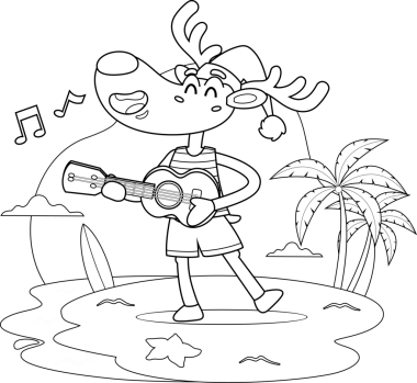 Noel Baba şapkalı mutlu geyik şeffaf arka planda gitar çalıyor.