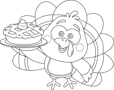 Şeffaf arkaplanda turtası olan hindi çizgi film karakteri