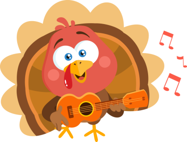 Şükran Günü, şeffaf arka planda gitarı olan hindi çizgi film karakteri.