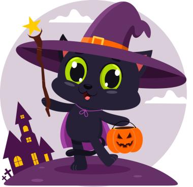 Cadı şapkalı şirin kedi. Şeffaf arkaplanda cadılar bayramı illüstrasyonu