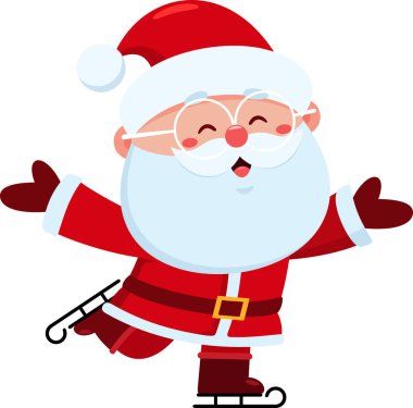 Tatlı Noel Baba çizgi film karakteri buz pateni ve selamlama. Vektör Resimli Düz Tasarım Şeffaf Arkaplanda İzole Edildi