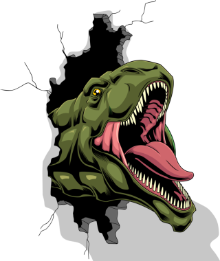 T-Rex Dinozor Duvarı Kırıyor. Grafiksel Tasarım Vektör El Çizimi Şeffaf Arkaplanda İzole Edildi