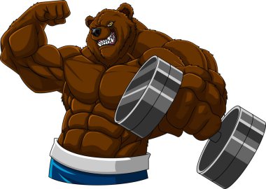 Beyaz arkaplanda izole edilmiş halterle egzersiz yapan kızgın maskot ayısının vektör çizimi 