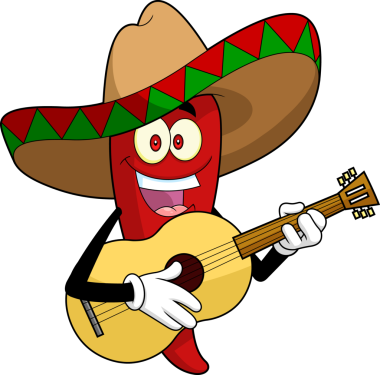 Meksika Acılı Biber Karikatür Karakteri Gitarla Şarkı Söylüyor. El Çizimi İllüstrasyonu 