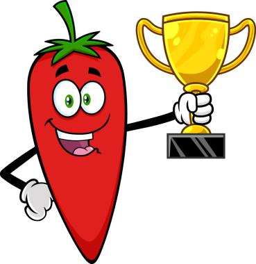 Büyük Altın Kupa Tutan Mutlu Acı Biber Çizgi Filmleri Karakteri. El Çizimi İllüstrasyonu 