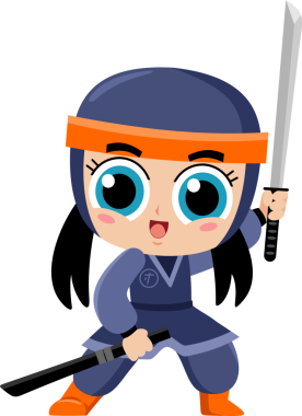 Katana Kılıçlı Şirin Ninja Kız Savaşçı Çizgi Filmi Karakteri Savaşmaya Hazır. Çizim Düz Tasarımı Şeffaf Arkaplanda İzole Edildi
