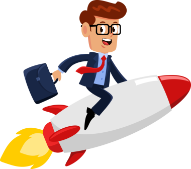 İşadamı Roket Başarı Üzerine Çizgi Film Karakteri. Çizim Düz Tasarımı Şeffaf Arkaplanda İzole Edildi