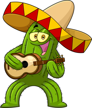 Mutlu Meksika Kaktüsü Çizgi Karakteri Şarkı Söylüyor ve Gitar Çalıyor. El Çizimi Resimleri Şeffaf Arkaplanda İzole Edildi