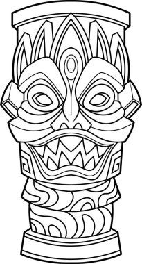 Tiki maskeli vektör ayarlandı, izole bir arkaplanda. Geleneksel ahşap totem tarzı çizimler Hawaii ya da Polinezya kültürünü yansıtıyor.