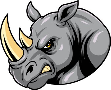 Kızgın Gergedan Baş Maskotu - Vektör El Çizimi Şeffaf Arkaplanda İzole Edildi