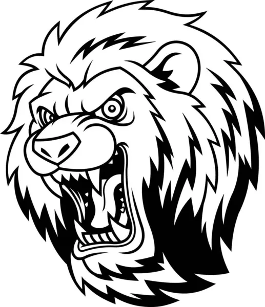 Siyah ve Beyaz Maskot Tarzı Aslan Başı - Vektör El Çizimi Şeffaf Arkaplanda İzole Edildi