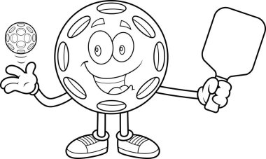 Pickleball çizgi film maskotu siyah beyaz renkli sayfa, el çizimi illüstrasyon beyaz arka plan izole