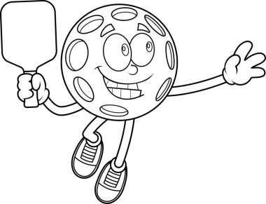 Pickleball zıplayan çizgi film maskotu siyah-beyaz renkli sayfa, el çizimi illüstrasyon beyaz arka planda izole