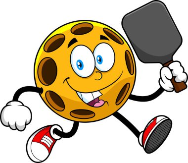 Beyaz arka planda izole edilmiş, elle çizilmiş resimli, raketle çalışan Picleball çizgi film maskotu.