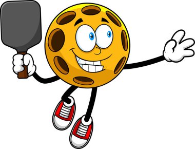 Pickleball zıplayan çizgi film maskotu, el çizimi resim beyaz arka planda izole