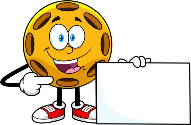 Yankesicilik çizgi film maskotu elinde boş bir işaret ve işaret ile beyaz arka planda izole edilmiş el çizimi ilmiştir.