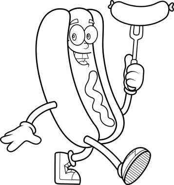 Hot Dog maskotu sosisi çatalda tutuyor ve yürüyen taşıyıcı el çizimi şeffaf arka planda izole edildi