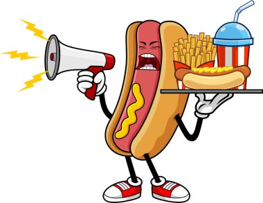 Hot Dog Maskot Karakteri Megafonla Bağırıyor ve Fast Food Tray Vector Elleri Çizimi Şeffaf Arkaplanda İzole Edildi