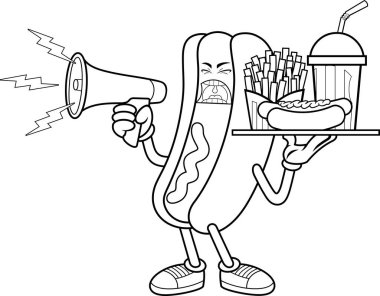 Hot Dog Maskot Karakteri Megafonla Bağırıyor ve Fast Food Tray Vector Elleri Çizimi Şeffaf Arkaplanda İzole Edildi