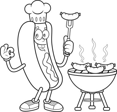 Hot Dog Chef Maskot Karakteri Izgara Vektör El Çizimi Şeffaf Arkaplanda İzole Edildi