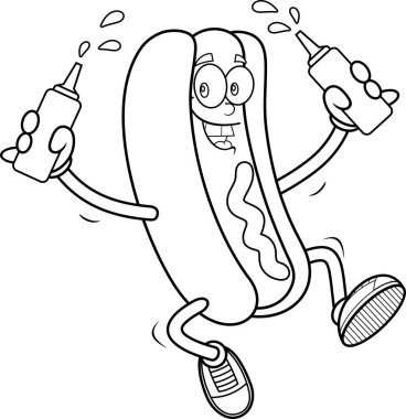 Sosisli sandviç maskot karakteri ketçap ve hardal şişeleri taşıyıcı el çizimi şeffaf arka planda izole edildi