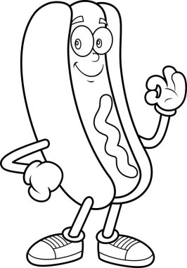 Hot Dog Maskot Karakteri Gülümseyen ve İyi El Hareketi Yapan Vekil El Çizimi Şeffaf Arkaplanda İzole Edildi