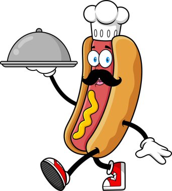 Hot Dog Chef Maskot Karakteri Servis Tabağı Vekil Eli Çizimi Şeffaf Arkaplanda İzole Edildi