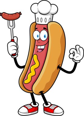 Sosisli sandviç şefi maskot karakteri çatalda sosis tutuyor ve şeffaf arka planda izole edilmiş jest vektörü çizimi yapıyor.