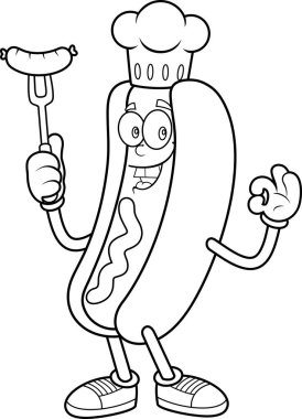 Sosisli sandviç şefi maskot karakteri çatalda sosis tutuyor ve şeffaf arka planda izole edilmiş jest vektörü çizimi yapıyor.