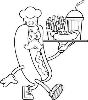 Hot Dog Chef maskot karakteri, şeffaf arka planda izole edilmiş patates kızartmalı fast food tepsisi ve soda taşıyıcı el çizimi sunuyor.