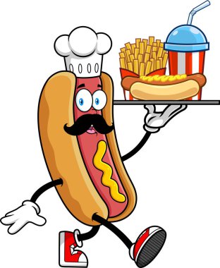 Hot Dog Chef maskot karakteri, şeffaf arka planda izole edilmiş patates kızartmalı fast food tepsisi ve soda taşıyıcı el çizimi sunuyor.