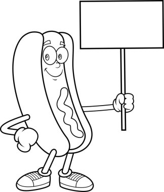 Hot Dog Maskot Karakteri Gülümseyen ve elinde boş tabela taşıyıcısı resmi olan şeffaf arka planda izole edilmiş