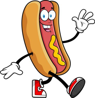 Hot Dog Maskot Karakteri Gülümseyen ve El sallayan Şeffaf arka planda izole edilmiş Merhaba Vektör El Çizimi