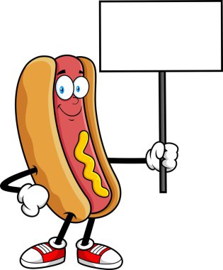 Hot Dog Maskot Karakteri Gülümseyen ve elinde boş tabela taşıyıcısı resmi olan şeffaf arka planda izole edilmiş