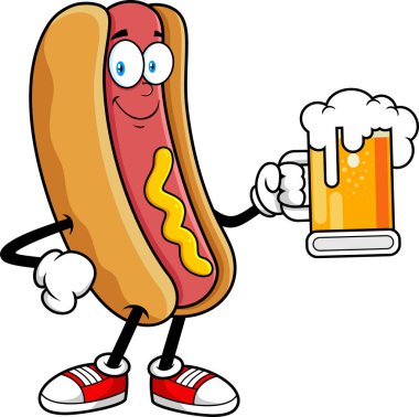 Hot Dog Maskot Karakteri Gülümseyen ve elinde bira taşıyıcı elinin fincanı olan şeffaf arka planda izole edilmiş