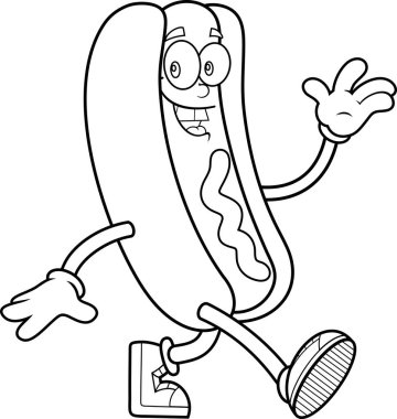 Hot Dog Maskot Karakteri Gülümseyen ve El sallayan Şeffaf arka planda izole edilmiş Merhaba Vektör El Çizimi