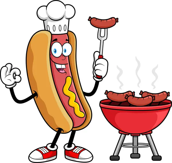 Hot Dog Chef Maskot Karakteri Izgara Vektör El Çizimi Şeffaf Arkaplanda İzole Edildi