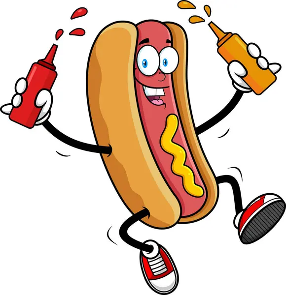 Sosisli sandviç maskot karakteri ketçap ve hardal şişeleri taşıyıcı el çizimi şeffaf arka planda izole edildi