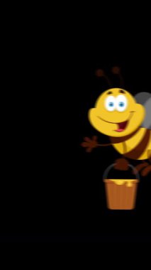 Mutlu Arı Kova ile Uçuyor çizgi filmleri. 4K Animasyon Dikey 9: 16 Görüntü Hareketi Grafikleri Arkaplan Yok