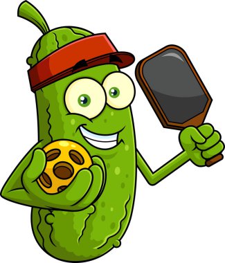 Şirin Turşu Çizgi Filmi Karakteri Pickleball Raket ve Top Vekil El Çizimi Şeffaf Arkaplanda İzole Edildi