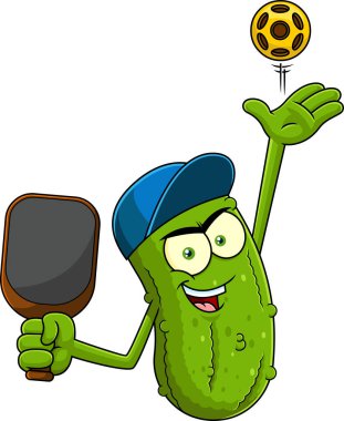 Kızgın Pickleball Çizgi Filmi Maskot Karakteri Top Atma ve Raket Vektör Eli Çizimi Şeffaf Arkaplanda İzole Edildi