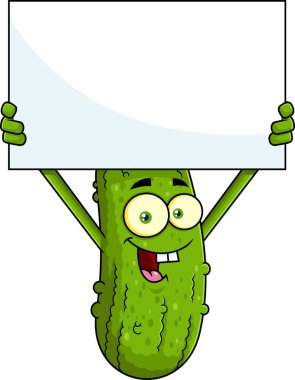 Mutlu Turşu Çizgi Filmi Karakteri Boş Tabela Tutuyor ve Gülümseyen Gülümseyen Vektör El Çizimi Şeffaf Arkaplanda İzole Edildi