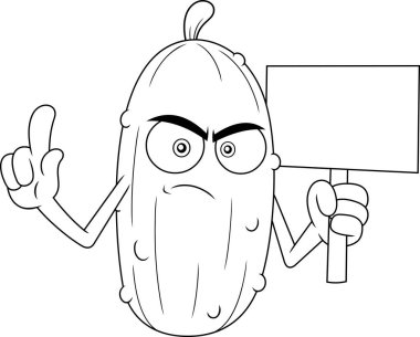 Öfkeli Turşu Çizgi Filmi Karakteri Protesto İşareti Tutuyor ve Siyah ve Beyaz El İşaretini İşaretliyor Şeffaf Arkaplanda İzole Edildi