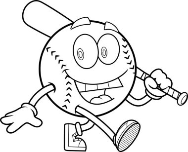 Siyah ve Beyaz Beyzbol Karikatür Karakteri Yarasa Tutan ve Koşan Vektör El Çizimi Şeffaf arka planda izole edildi